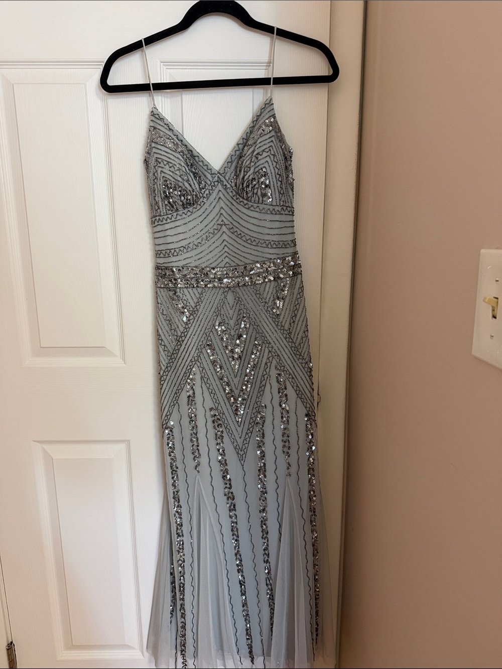 MARINA Silver Sequin Beaded V-Neck Spaghetti Strap Gown